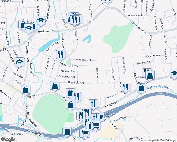 map of restaurants, bars, coffee shops, grocery stores, and more near 40 Erma Drive in Waterbury