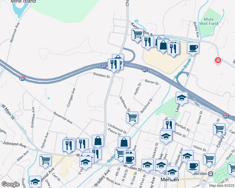 map of restaurants, bars, coffee shops, grocery stores, and more near 6 Edgewood Place in Meriden
