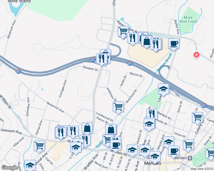 map of restaurants, bars, coffee shops, grocery stores, and more near 10 Edgewood Place in Meriden