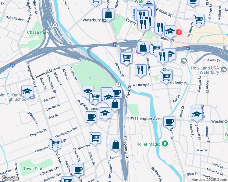 map of restaurants, bars, coffee shops, grocery stores, and more near 16 Green Street in Waterbury