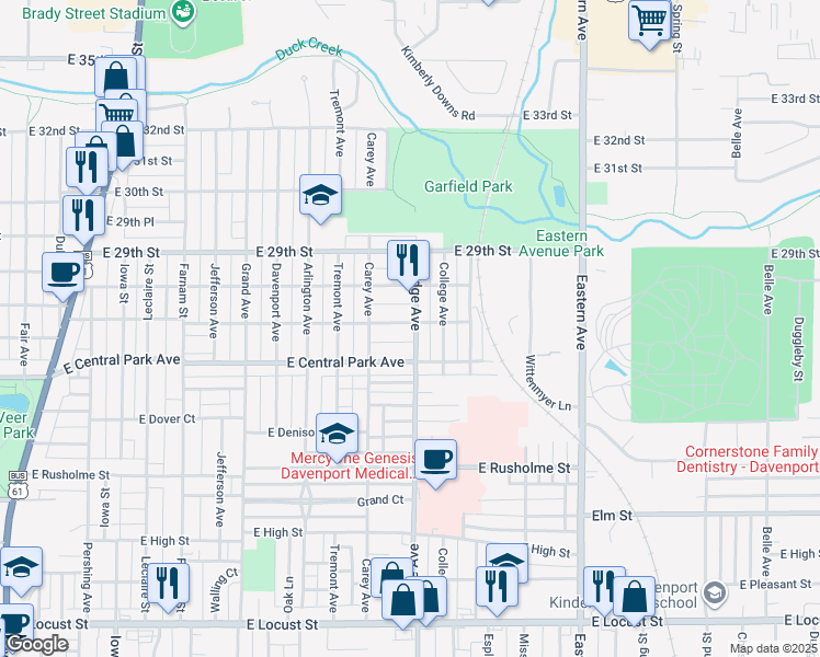 map of restaurants, bars, coffee shops, grocery stores, and more near 2636 Bridge Avenue in Davenport