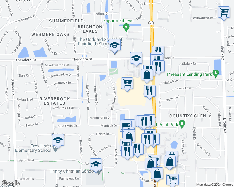 map of restaurants, bars, coffee shops, grocery stores, and more near 1412 Westhampton Drive in Plainfield
