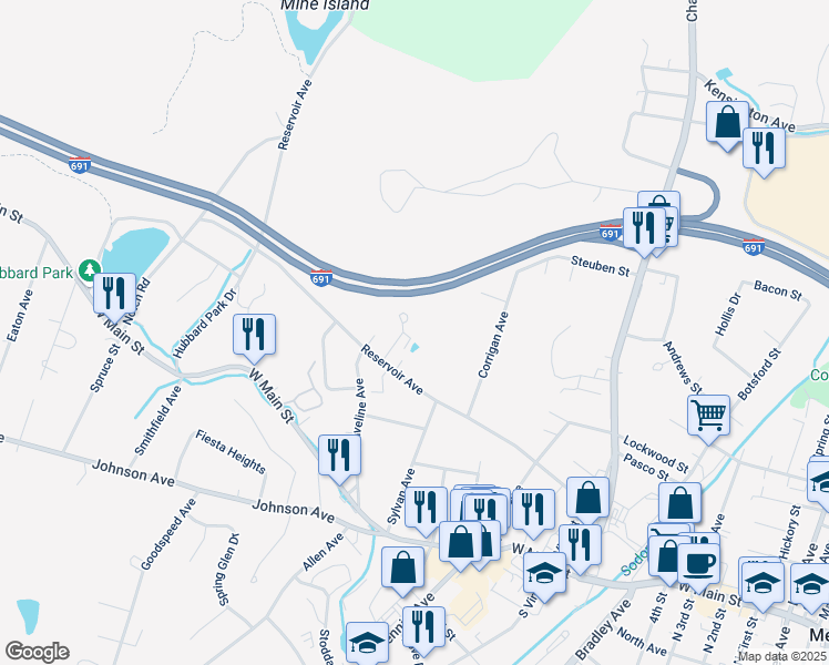 map of restaurants, bars, coffee shops, grocery stores, and more near 281 Reservoir Avenue in Meriden