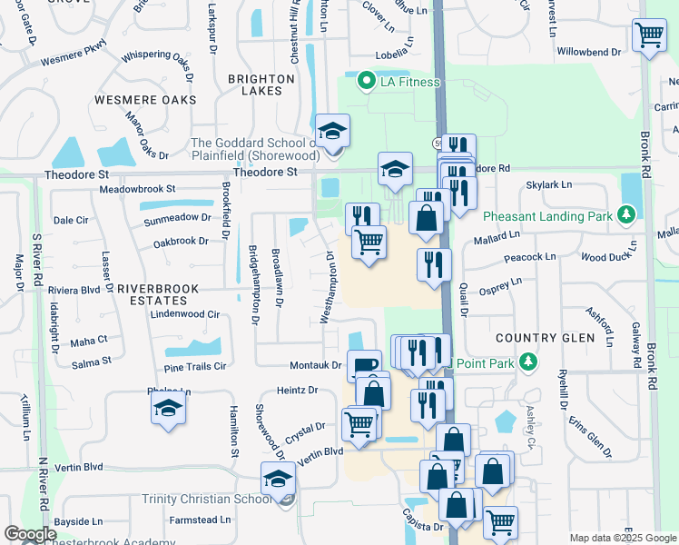 map of restaurants, bars, coffee shops, grocery stores, and more near 1412 Westhampton Drive in Plainfield