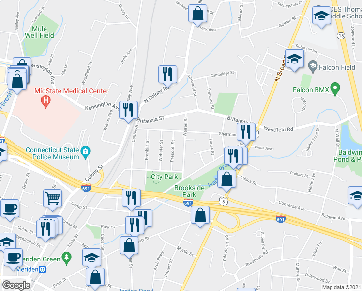 map of restaurants, bars, coffee shops, grocery stores, and more near 86 Warren Street in Meriden