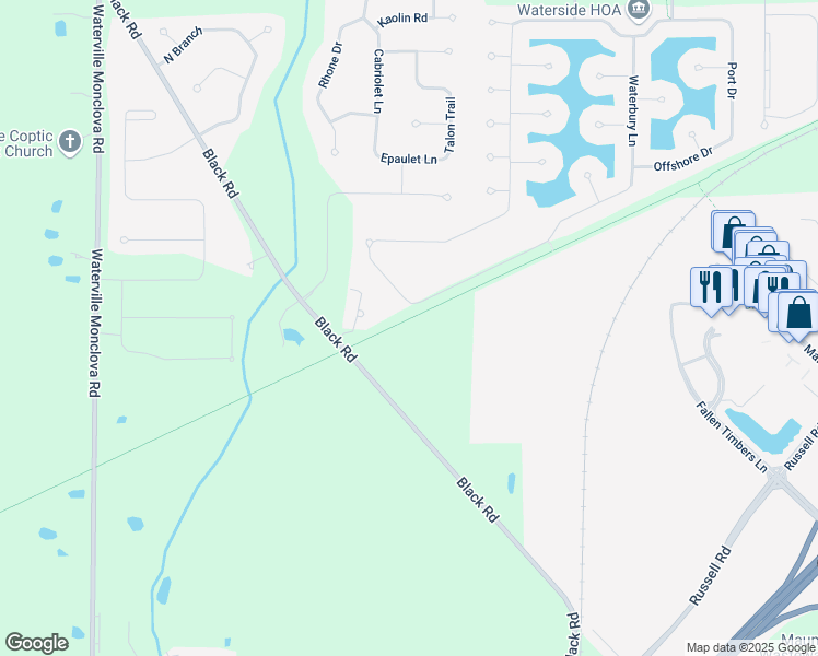 map of restaurants, bars, coffee shops, grocery stores, and more near 5225 Black Road in Waterville