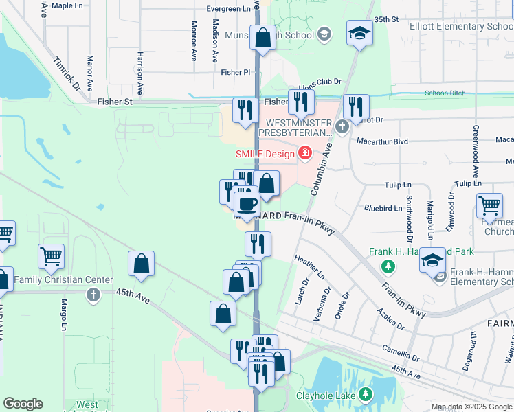 map of restaurants, bars, coffee shops, grocery stores, and more near 9150 Calumet Avenue in Munster