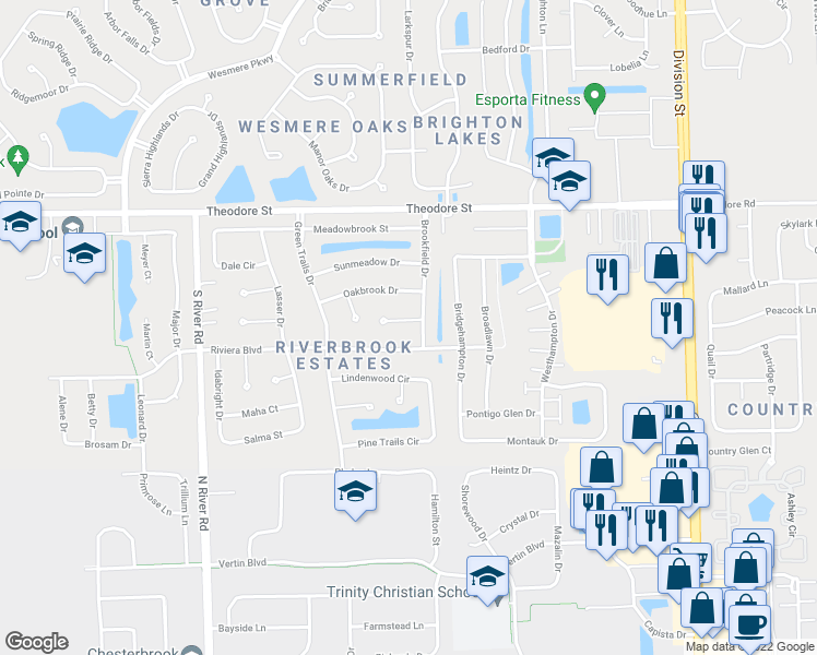 map of restaurants, bars, coffee shops, grocery stores, and more near 5210 Aladdin Court in Plainfield