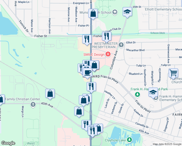 map of restaurants, bars, coffee shops, grocery stores, and more near 9150 Calumet Avenue in Munster