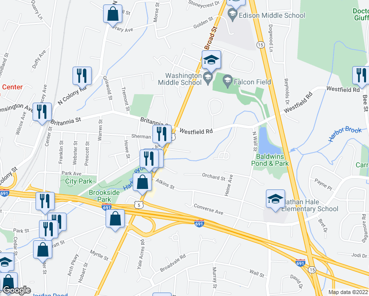 map of restaurants, bars, coffee shops, grocery stores, and more near 44 Twiss Avenue in Meriden