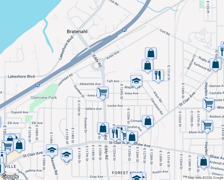 map of restaurants, bars, coffee shops, grocery stores, and more near 382 East 123rd Street in Cleveland