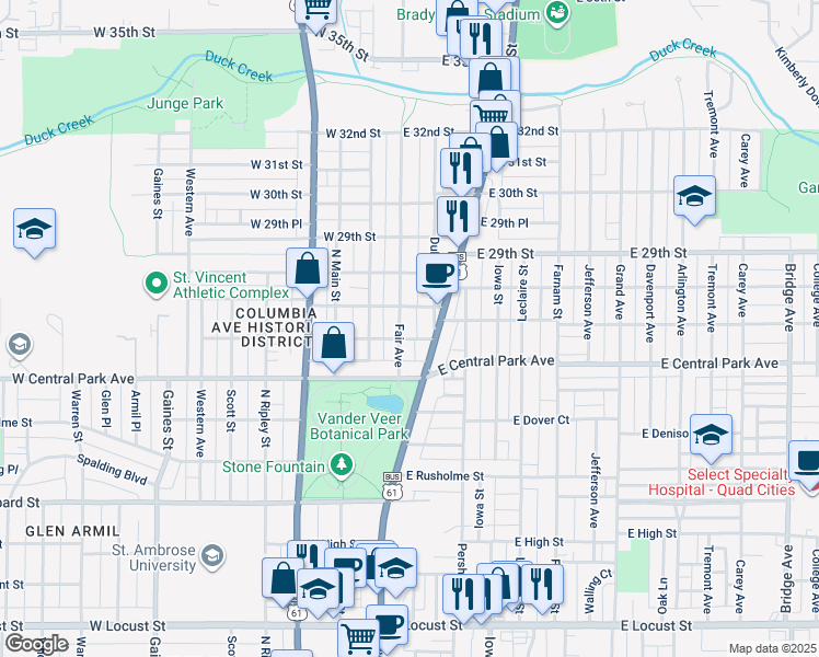 map of restaurants, bars, coffee shops, grocery stores, and more near 2647 Fair Avenue in Davenport