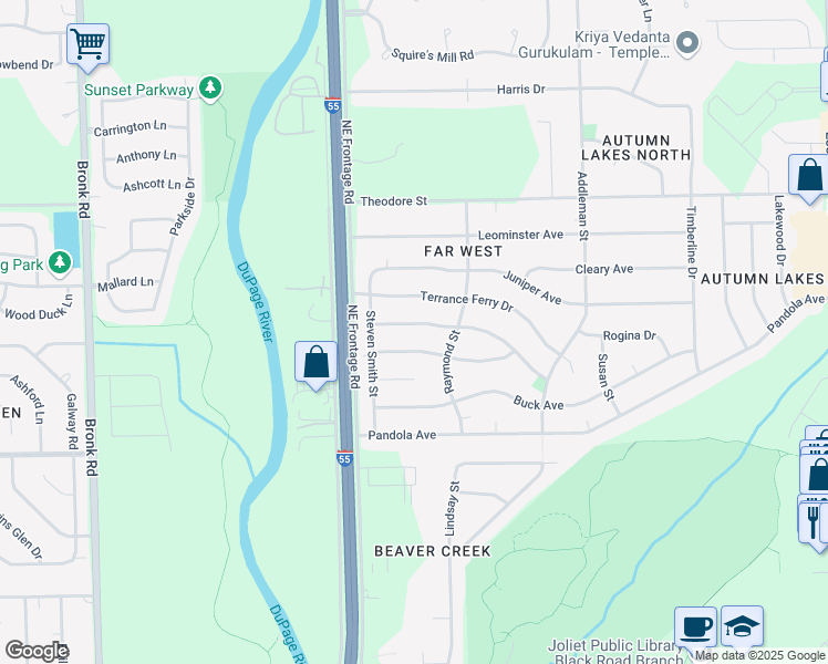 map of restaurants, bars, coffee shops, grocery stores, and more near 3904 Jonathan Simpson Drive in Joliet