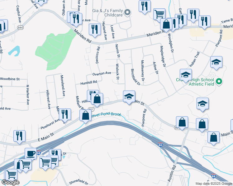 map of restaurants, bars, coffee shops, grocery stores, and more near 3137 East Main Street in Waterbury