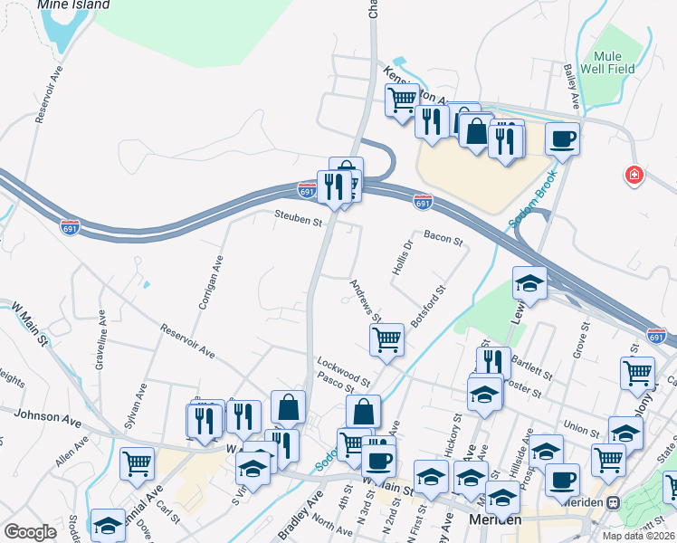 map of restaurants, bars, coffee shops, grocery stores, and more near 261 Chamberlain Highway in Meriden
