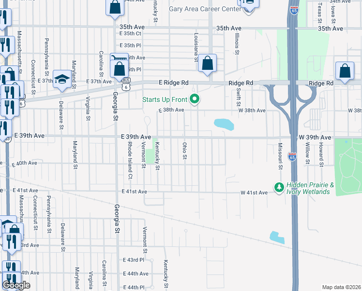 map of restaurants, bars, coffee shops, grocery stores, and more near 3930 Ohio Street in Gary
