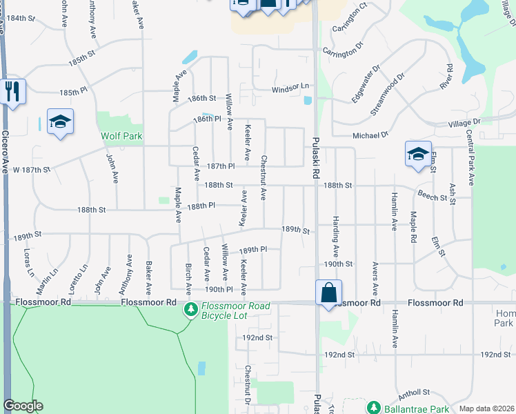 map of restaurants, bars, coffee shops, grocery stores, and more near 18828 Chestnut Avenue in Country Club Hills