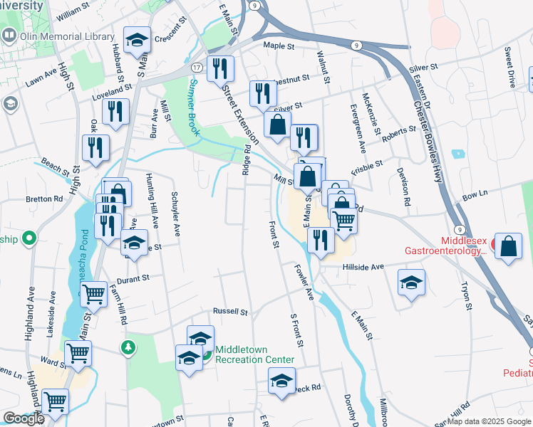 map of restaurants, bars, coffee shops, grocery stores, and more near 63 Front Street in Middletown