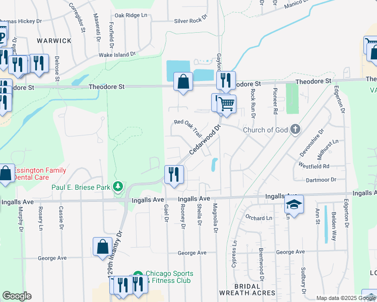 map of restaurants, bars, coffee shops, grocery stores, and more near 2501 Live Oak Drive in Crest Hill
