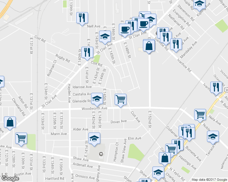 map of restaurants, bars, coffee shops, grocery stores, and more near 14700 Coit Road in Cleveland