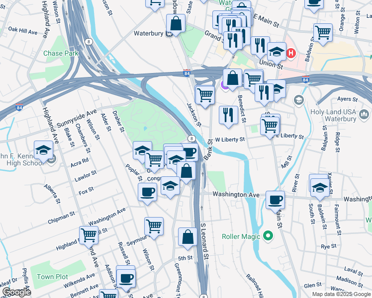 map of restaurants, bars, coffee shops, grocery stores, and more near 14 Green Street in Waterbury