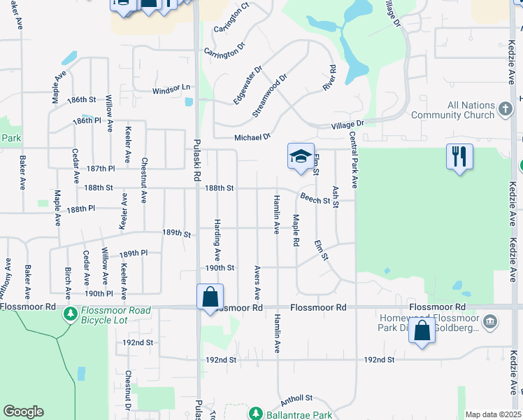 map of restaurants, bars, coffee shops, grocery stores, and more near 18832 Avers Avenue in Flossmoor