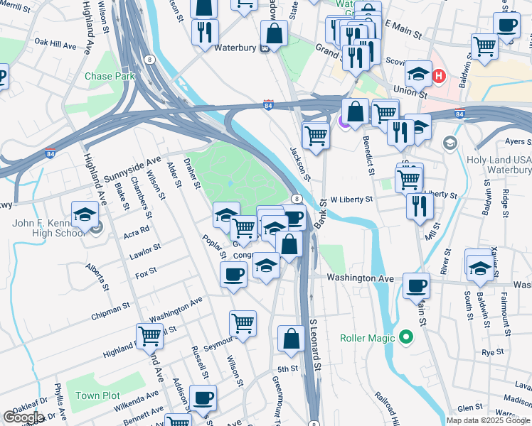map of restaurants, bars, coffee shops, grocery stores, and more near 45 Summit Street in Waterbury
