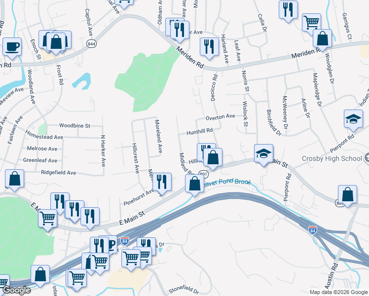 map of restaurants, bars, coffee shops, grocery stores, and more near 84 Midland Road in Waterbury