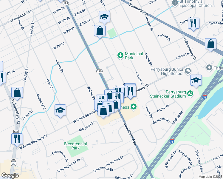 map of restaurants, bars, coffee shops, grocery stores, and more near 1055 Louisiana Avenue in Perrysburg
