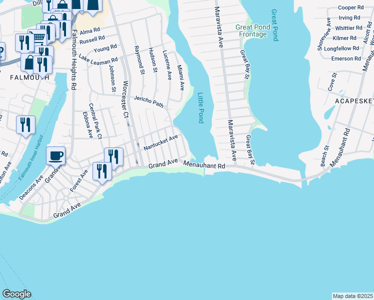 map of restaurants, bars, coffee shops, grocery stores, and more near 172 Grand Avenue in Falmouth