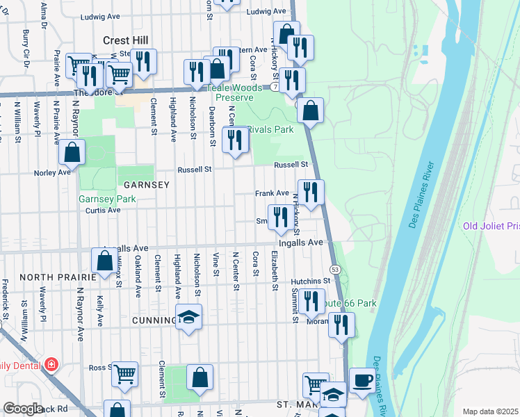 map of restaurants, bars, coffee shops, grocery stores, and more near 1258 Cora Street in Joliet