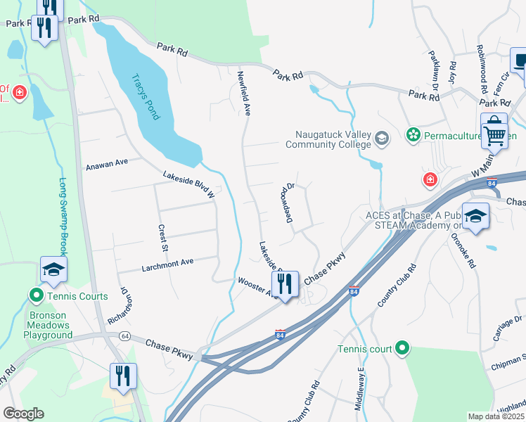 map of restaurants, bars, coffee shops, grocery stores, and more near 214 Lakeside Boulevard East in Waterbury