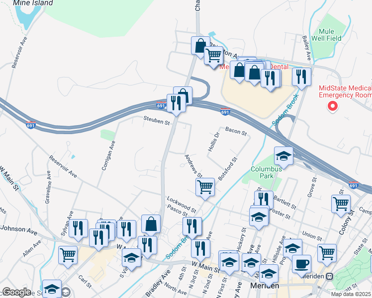 map of restaurants, bars, coffee shops, grocery stores, and more near 13 Edgewood Place in Meriden
