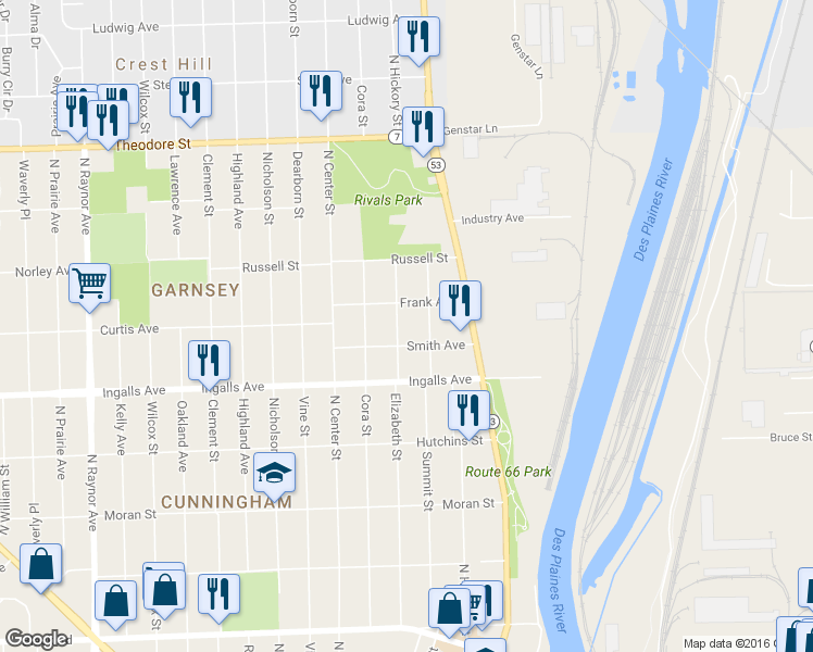 map of restaurants, bars, coffee shops, grocery stores, and more near 1256 Elizabeth St in Joliet