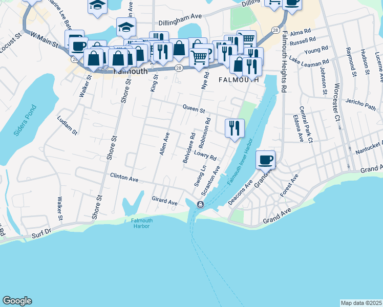 map of restaurants, bars, coffee shops, grocery stores, and more near 56 Belvidere Road in Falmouth