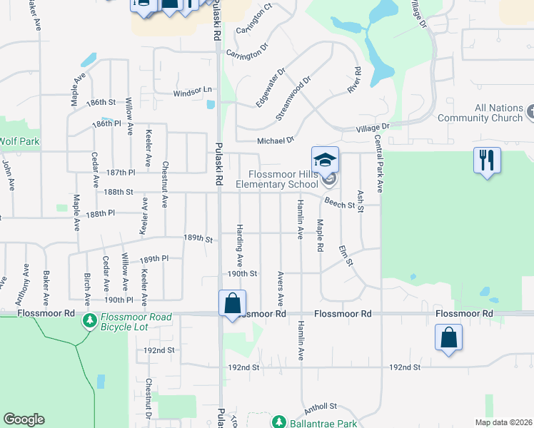 map of restaurants, bars, coffee shops, grocery stores, and more near 18825 Springfield Avenue in Flossmoor