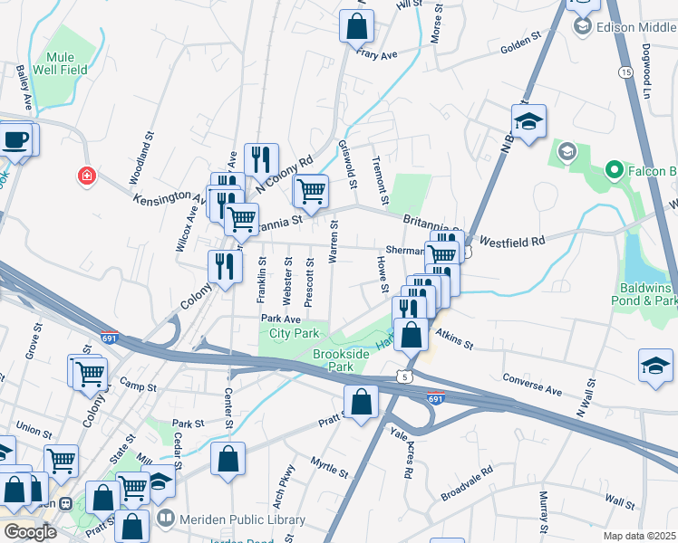 map of restaurants, bars, coffee shops, grocery stores, and more near 86 Warren Street in Meriden