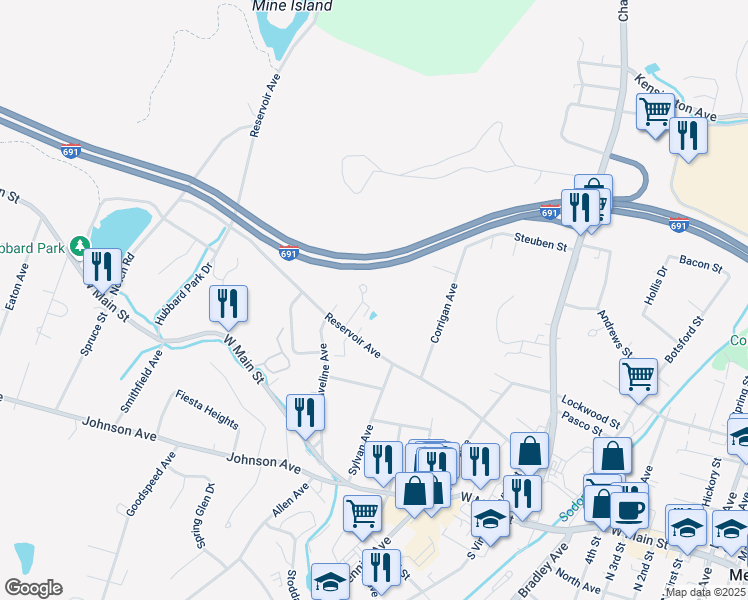 map of restaurants, bars, coffee shops, grocery stores, and more near 281 Reservoir Avenue in Meriden