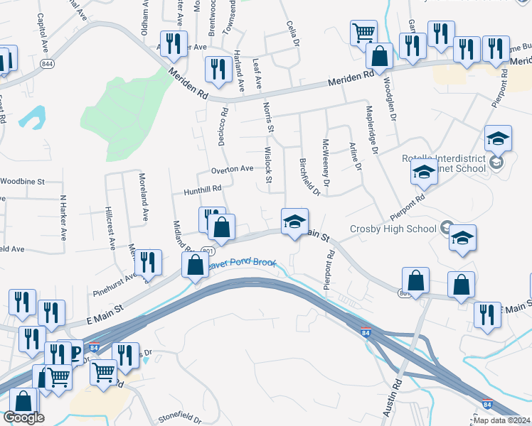 map of restaurants, bars, coffee shops, grocery stores, and more near 3137 East Main Street in Waterbury