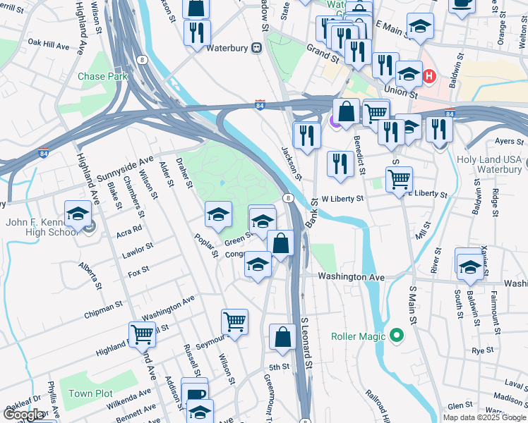 map of restaurants, bars, coffee shops, grocery stores, and more near 45 Summit Street in Waterbury