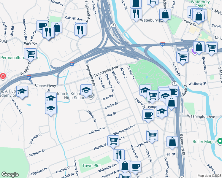 map of restaurants, bars, coffee shops, grocery stores, and more near 68 Chambers Street in Waterbury