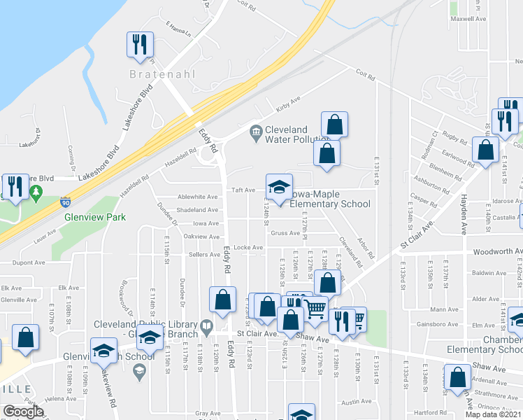 map of restaurants, bars, coffee shops, grocery stores, and more near 379 East 124th Street in Cleveland