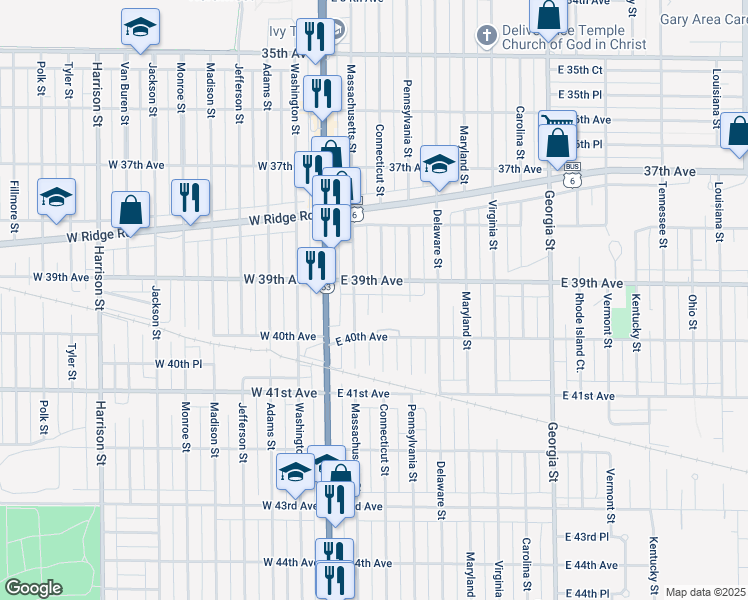 map of restaurants, bars, coffee shops, grocery stores, and more near 3932 Connecticut Street in Gary