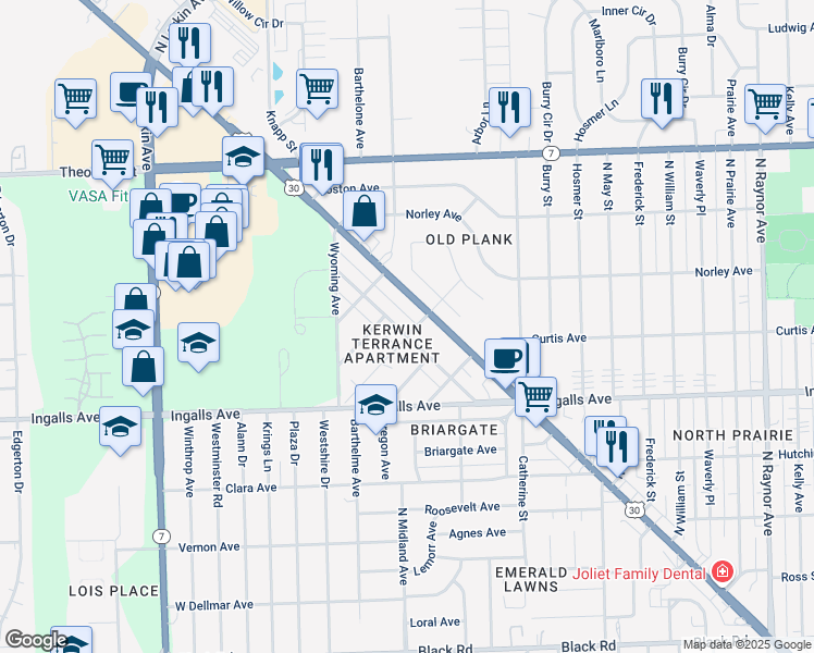 map of restaurants, bars, coffee shops, grocery stores, and more near 1405 Colorado Avenue in Joliet