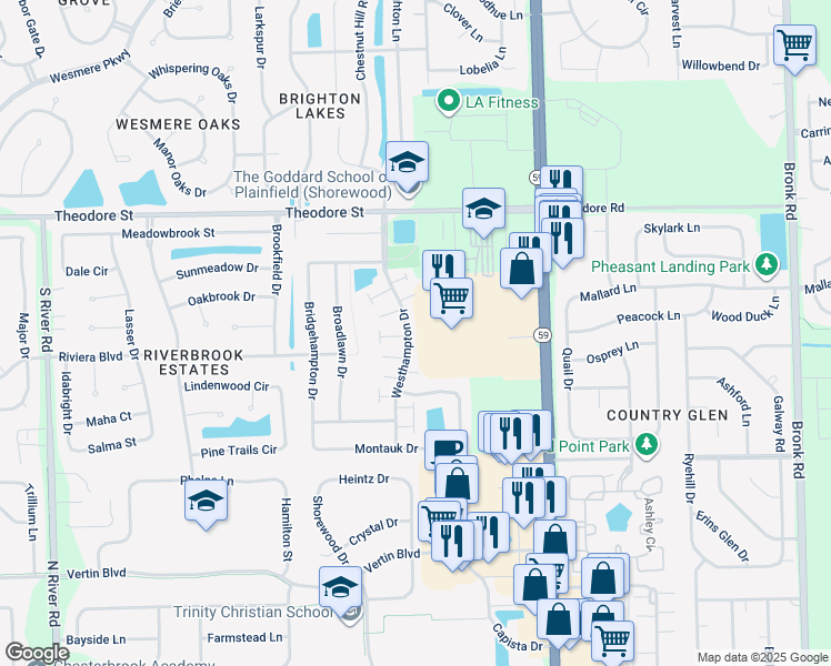 map of restaurants, bars, coffee shops, grocery stores, and more near 1412 Westhampton Drive in Plainfield