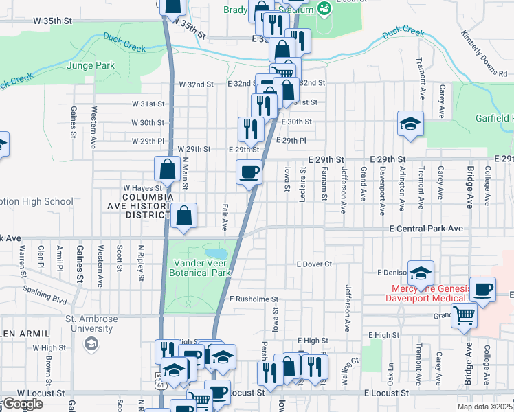 map of restaurants, bars, coffee shops, grocery stores, and more near 205 East Columbia Avenue in Davenport