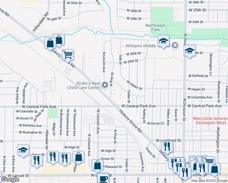 map of restaurants, bars, coffee shops, grocery stores, and more near 2632 Oak Street in Davenport