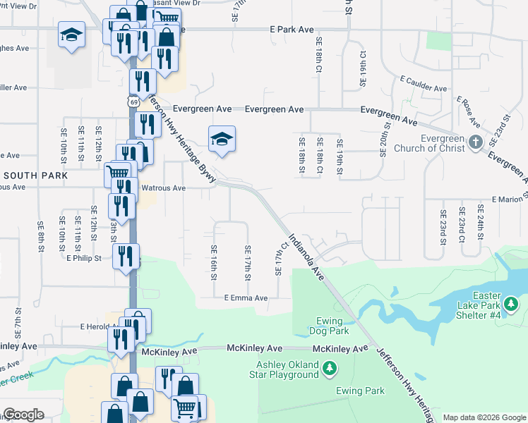 map of restaurants, bars, coffee shops, grocery stores, and more near 1700 East Leach Avenue in Des Moines