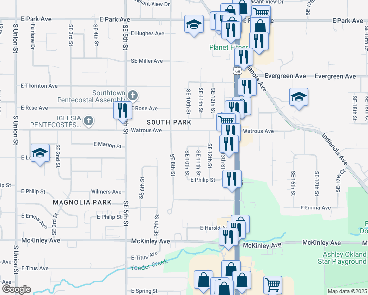 map of restaurants, bars, coffee shops, grocery stores, and more near 4102 Southeast 10th Street in Des Moines