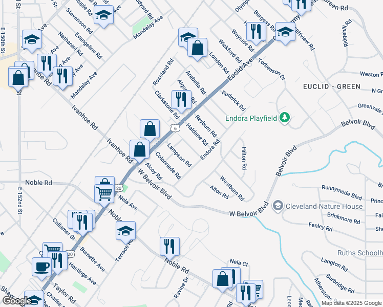 map of restaurants, bars, coffee shops, grocery stores, and more near 1870 Mannering Rd in Cleveland